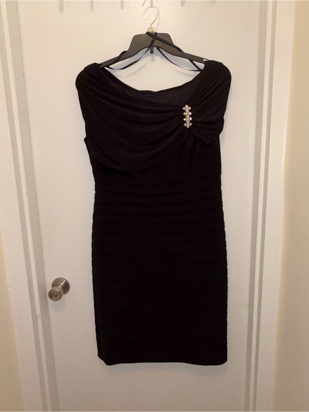 Xscape Black Ruched Midi Dress with Rhinestone Brooch size14